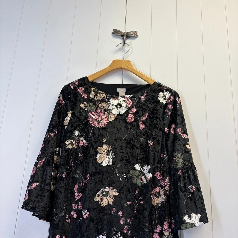 Chicos Whimsigoth Velvet Floral Shift Dress Women Size 1 (8/10) Dark Coquette